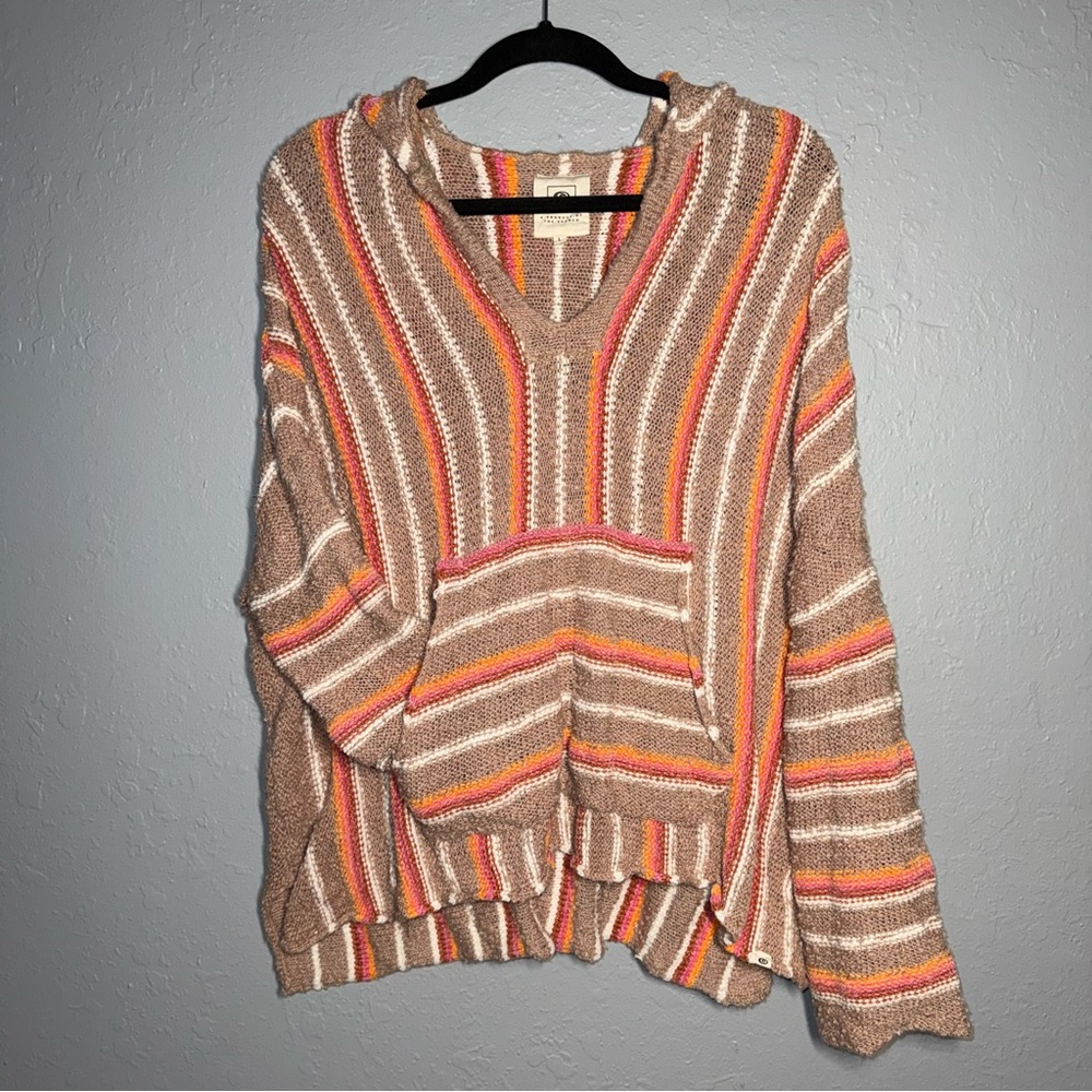 Rip Curl Wave Shapers Oversized Striped Hoodie Sweater in Tan with Coral & Cream